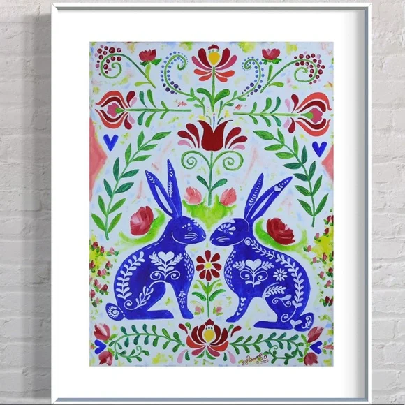 Scandinavian Rabbits Giclée Folk Art Print of Oil Painting Whimsical Rosemaling - Picture 4 of 9